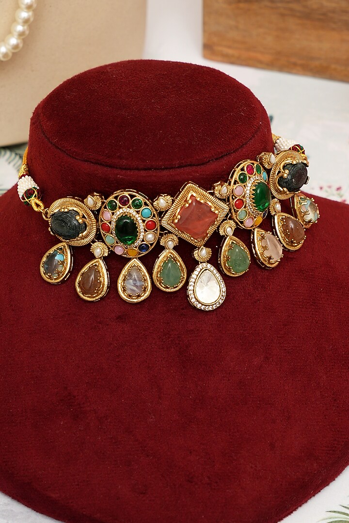 Gold Plated Kundan Polki & Multi-Colored Doublet Stone Necklace Set by Beryachi at Pernia's Pop Up Shop
