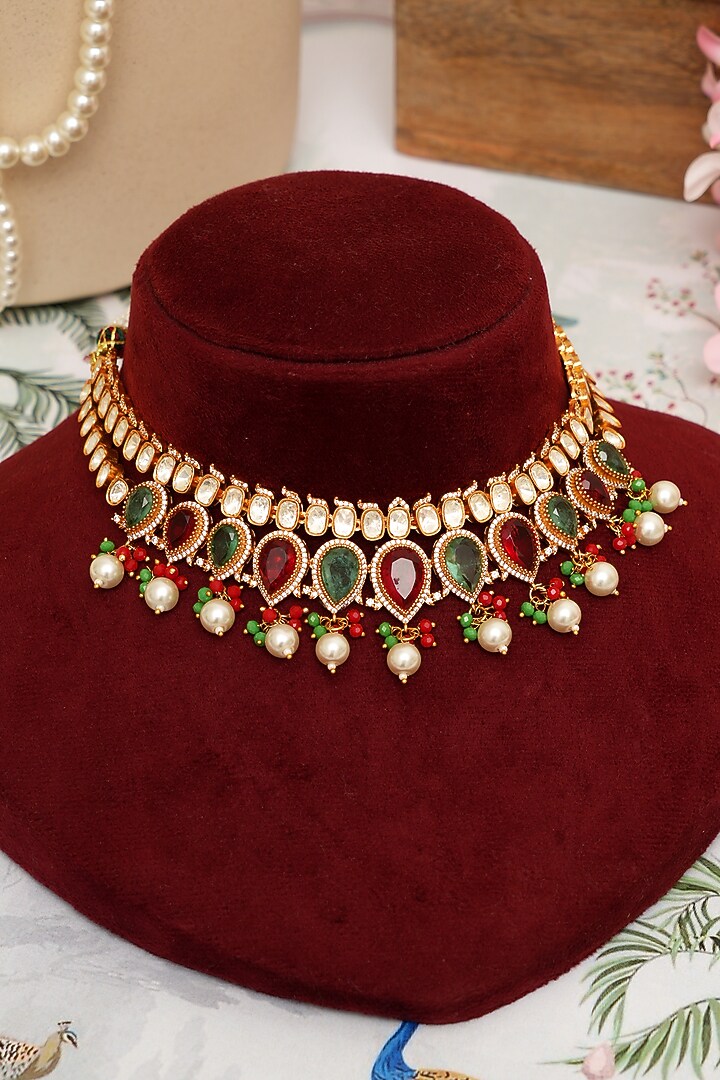 Gold Plated Multi-Colored Kundan Polki Necklace Set by Beryachi at Pernia's Pop Up Shop