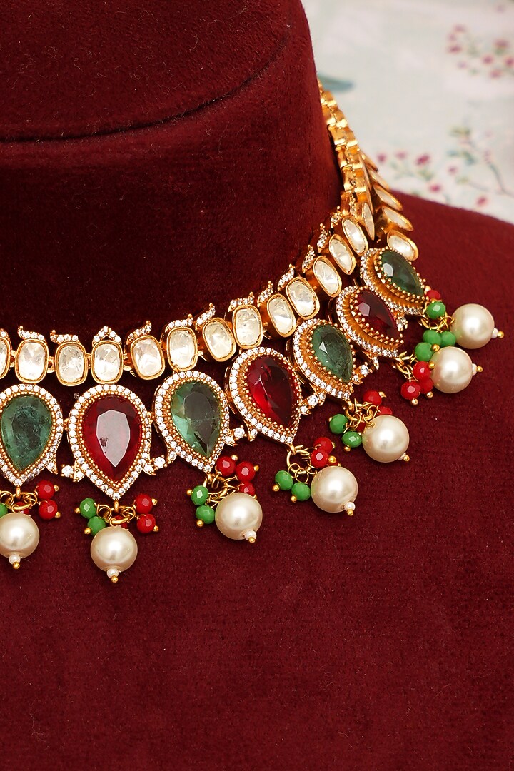 Gold Plated Multi-Colored Kundan Polki Necklace Set by Beryachi at Pernia's Pop Up Shop