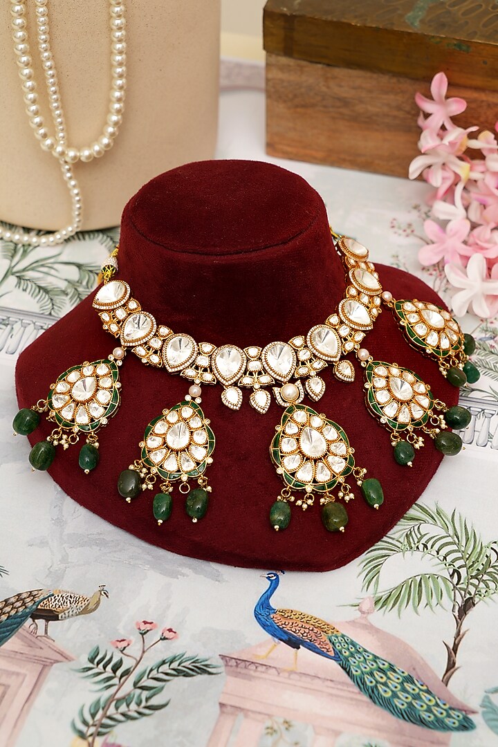 Gold Plated Kundan Polki & Emerald Drop Necklace Set by Beryachi at Pernia's Pop Up Shop