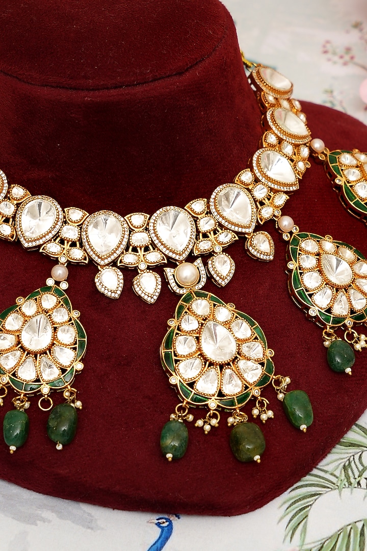 Gold Plated Kundan Polki & Emerald Drop Necklace Set by Beryachi at Pernia's Pop Up Shop