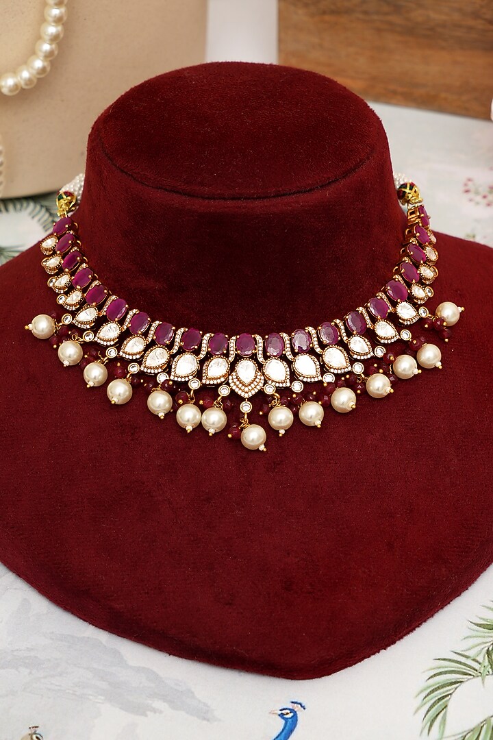 Gold Plated Kundan Polki & Ruby Doublet Stone Necklace Set by Beryachi at Pernia's Pop Up Shop