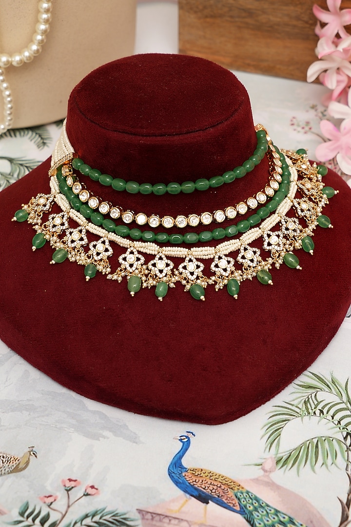Gold Plated Kundan Polki & Emerald Layered Necklace Set by Beryachi at Pernia's Pop Up Shop