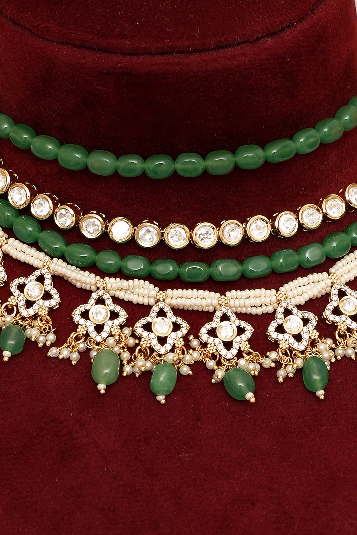 Gold Plated Kundan Polki & Emerald Layered Necklace Set by Beryachi at Pernia's Pop Up Shop