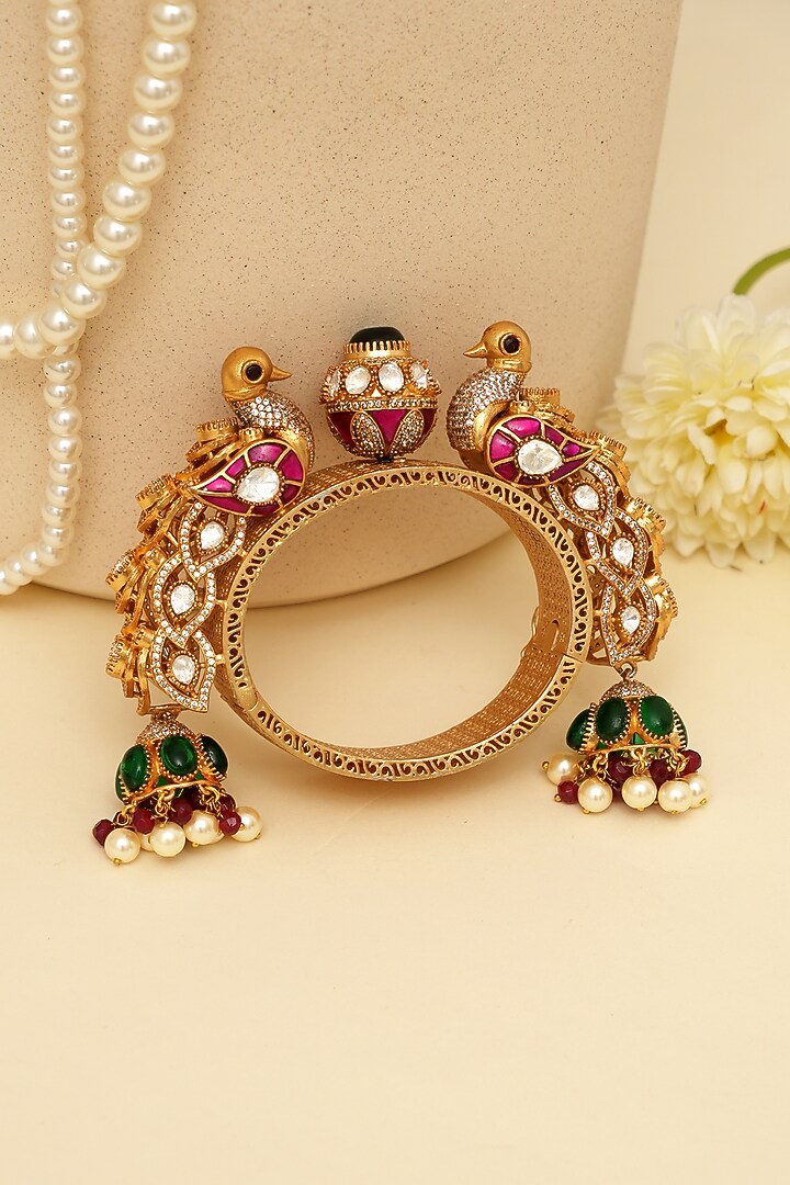 Gold Finish Kundan Polki & Peacock Motif Openable Kada by Beryachi at Pernia's Pop Up Shop