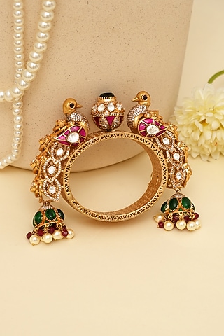 Gold Finish Kundan Polki & Peacock Motif Openable Kada by Beryachi