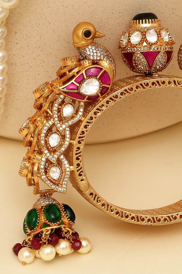Gold Finish Kundan Polki & Peacock Motif Openable Kada by Beryachi at Pernia's Pop Up Shop