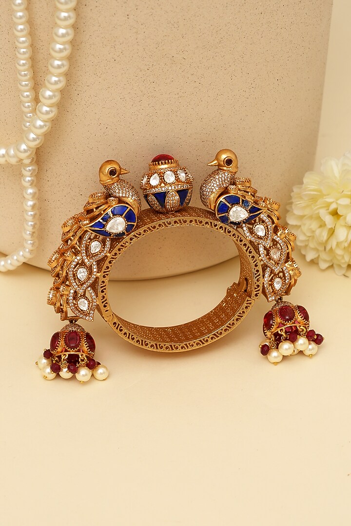 Gold Plated Kundan Polki & Peacock Motif Openable Kada by Beryachi at Pernia's Pop Up Shop