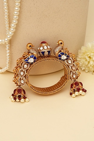 Gold Plated Kundan Polki & Peacock Motif Openable Kada by Beryachi