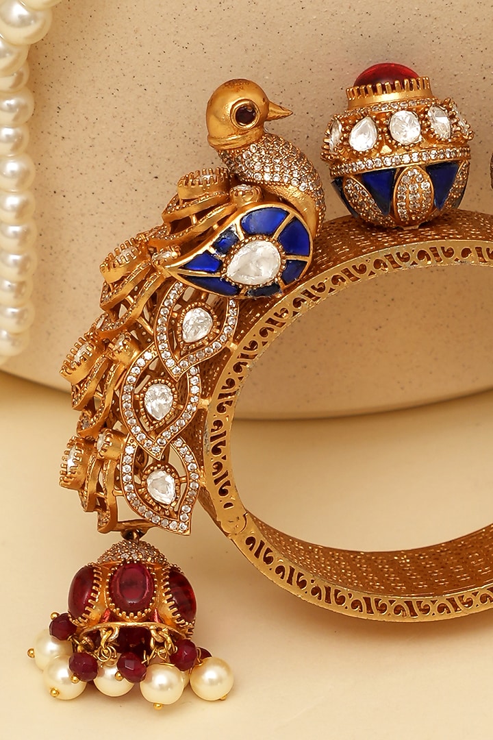 Gold Plated Kundan Polki & Peacock Motif Openable Kada by Beryachi at Pernia's Pop Up Shop
