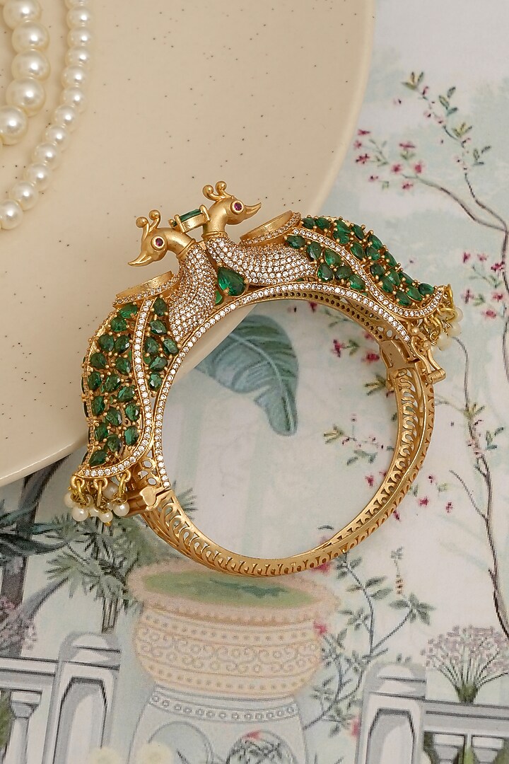 Antique Gold Finish Green Kundan Polki Peacock Openable Kada by Beryachi at Pernia's Pop Up Shop