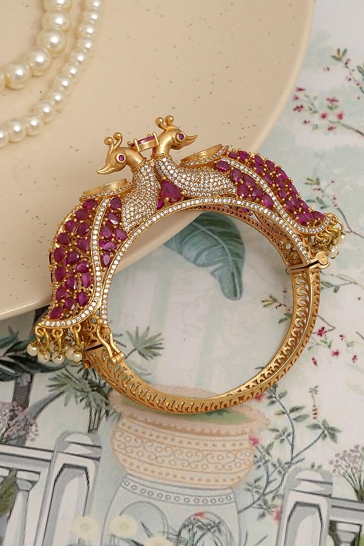 Gold Finish Red Kundan Polki Peacock Openable Kada by Beryachi at Pernia's Pop Up Shop