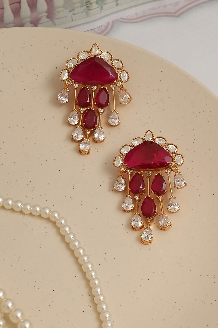 Gold Plated Kundan Polki & Ruby Dangler Earrings by Beryachi at Pernia's Pop Up Shop