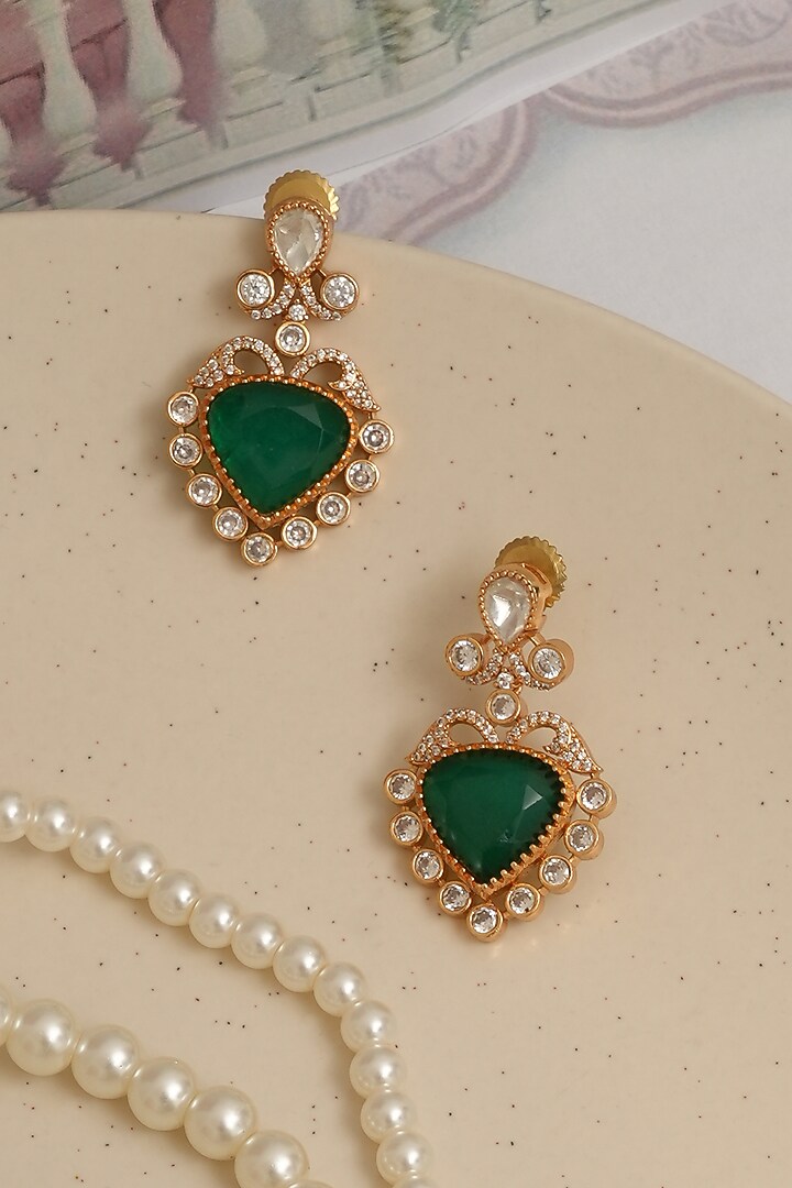 Gold Plated Kundan Polki & Green Stone Dangler Earrings by Beryachi at Pernia's Pop Up Shop