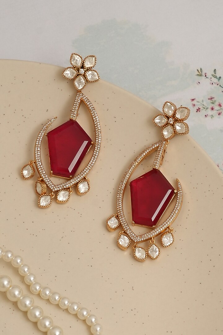 Gold Plated Kundan Polki & Ruby Dangler Earrings by Beryachi at Pernia's Pop Up Shop