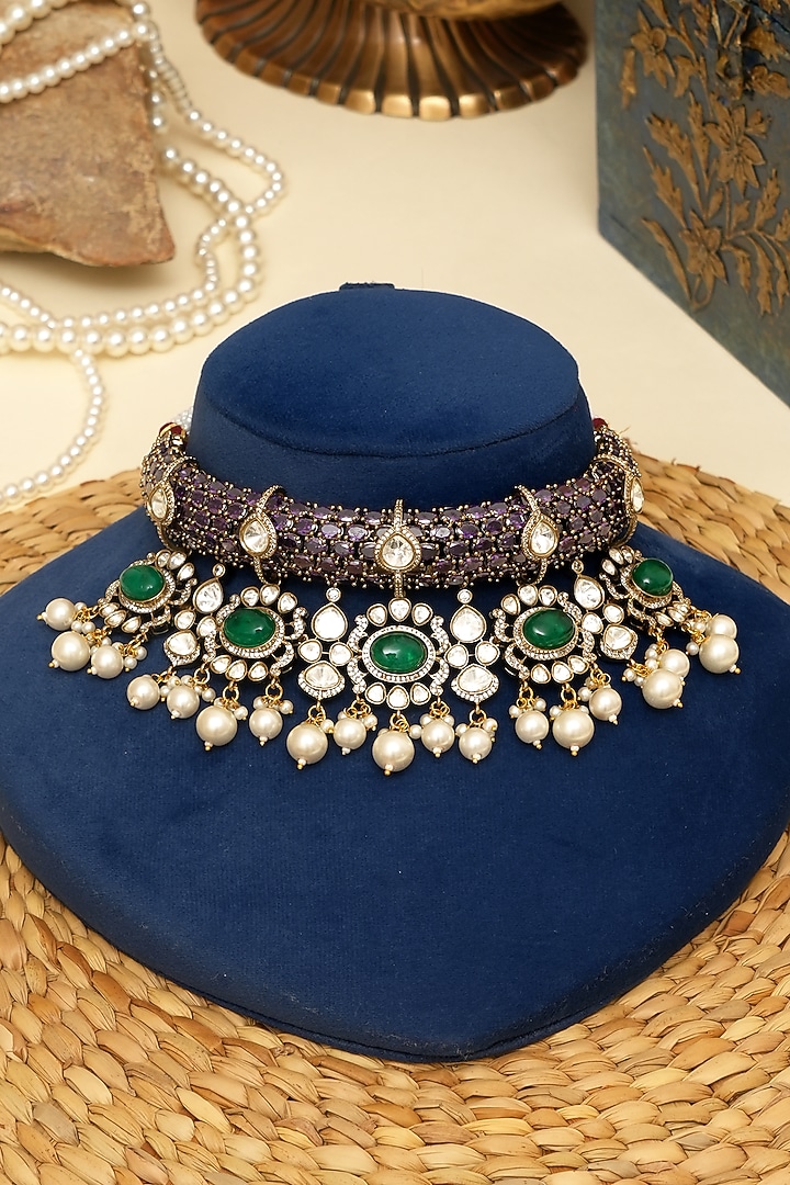 Gold Plated Kundan Polki & Multi-Colored Doublet Stone Necklace Set by Beryachi at Pernia's Pop Up Shop