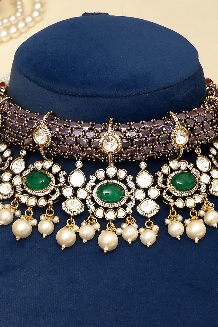 Gold Plated Kundan Polki & Multi-Colored Doublet Stone Necklace Set by Beryachi at Pernia's Pop Up Shop
