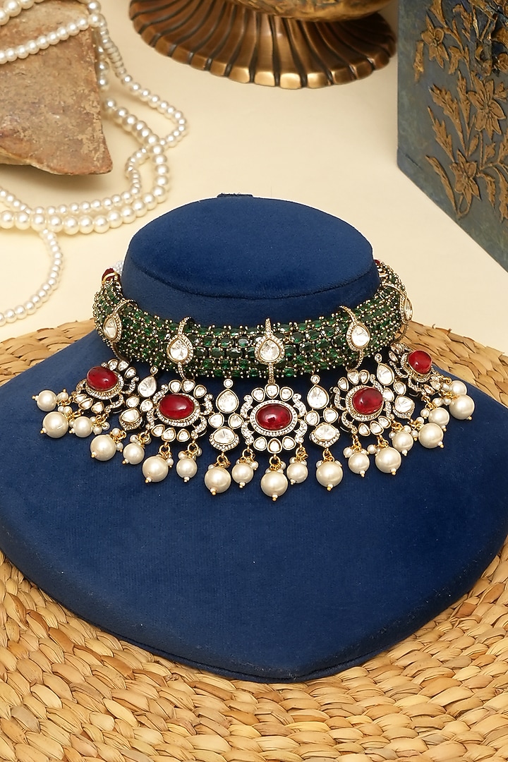 Gold Plated Kundan Polki & Multi-Colored Doublet Stone Necklace Set by Beryachi at Pernia's Pop Up Shop