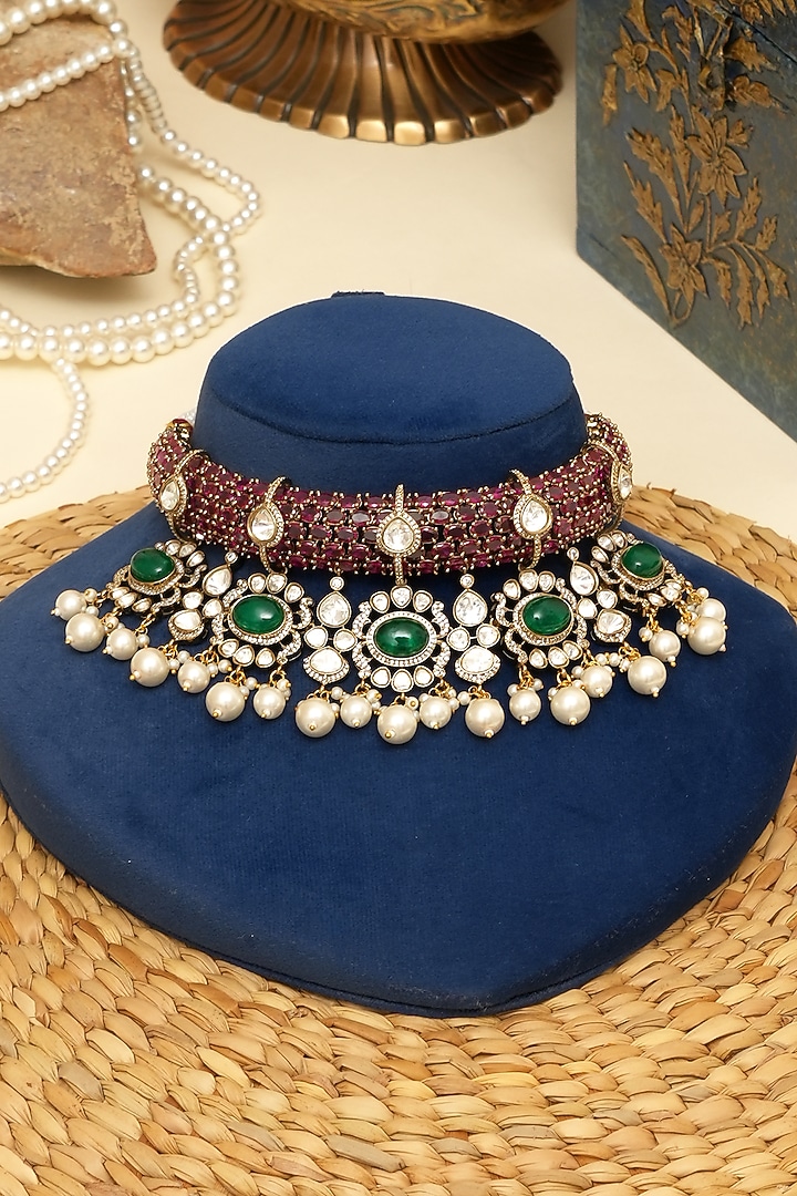 Gold Plated Kundan Polki & Multi-Colored Doublet Stone Necklace Set by Beryachi at Pernia's Pop Up Shop