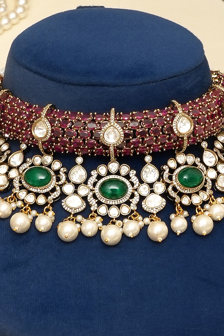 Gold Plated Kundan Polki & Multi-Colored Doublet Stone Necklace Set by Beryachi at Pernia's Pop Up Shop
