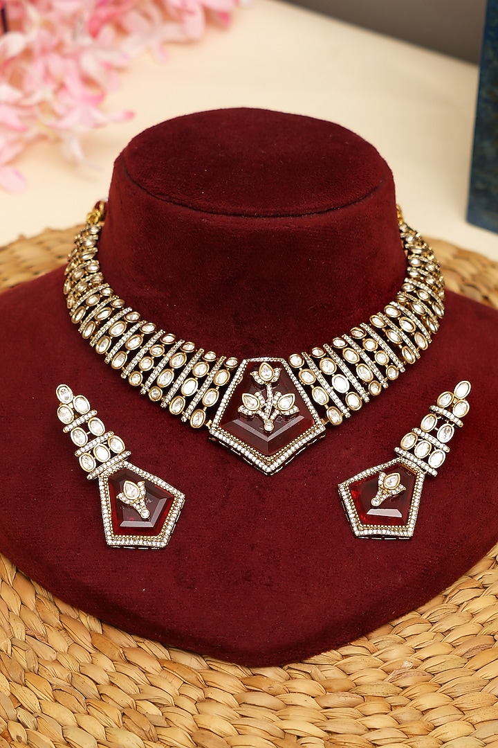 Gold Plated Kundan Polki & Ruby Necklace Set by Beryachi at Pernia's Pop Up Shop