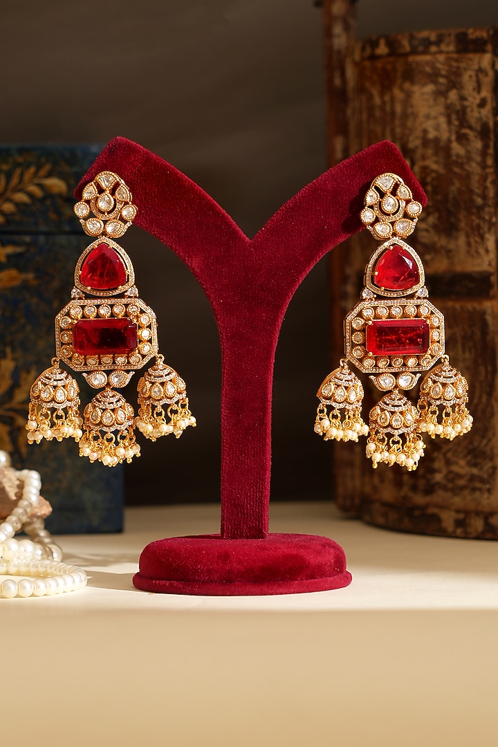 Gold Plated Kundan Polki & Ruby Dangler Earrings by Beryachi at Pernia's Pop Up Shop