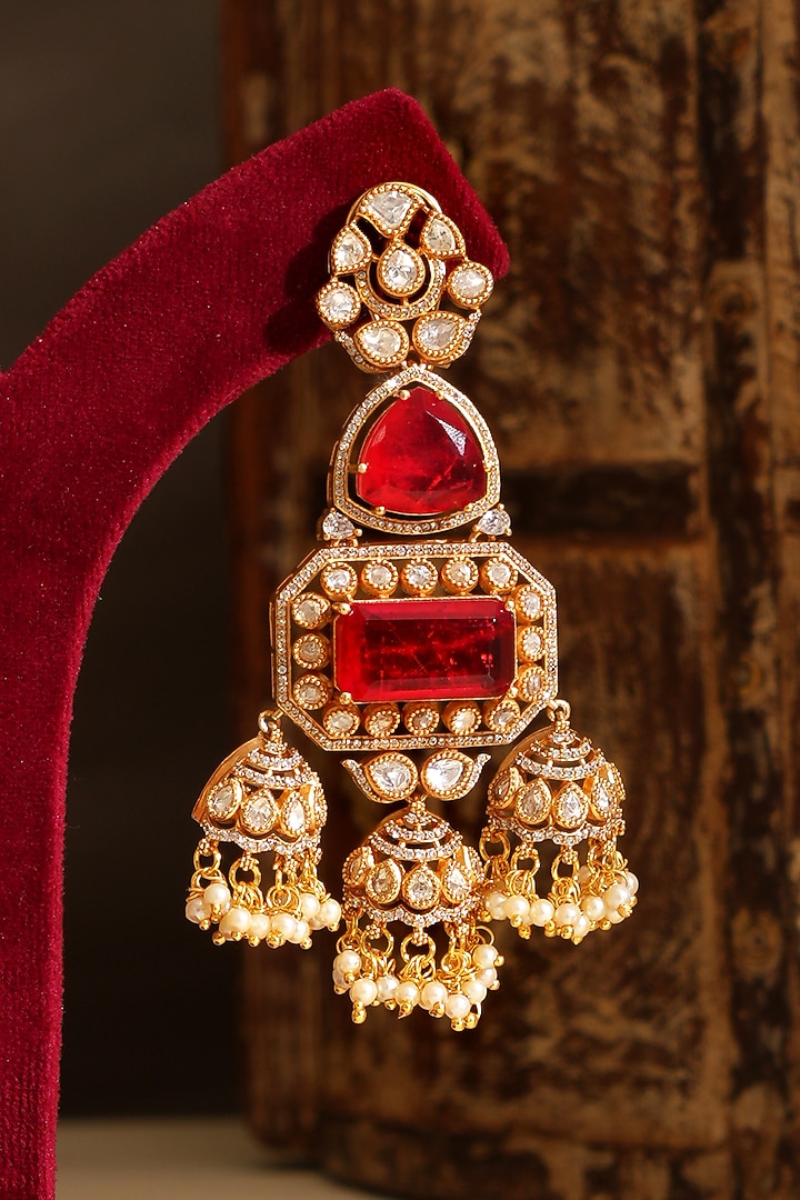 Gold Plated Kundan Polki & Ruby Dangler Earrings by Beryachi at Pernia's Pop Up Shop