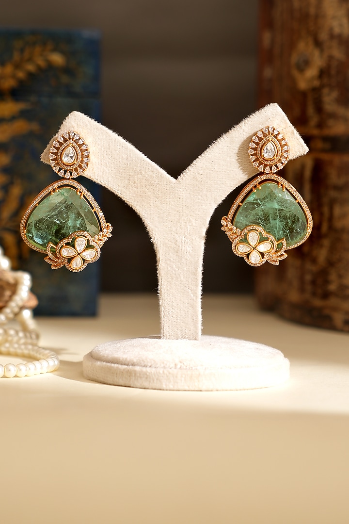 Gold Plated Kundan Polki & Mint Doublet Stone Dangler Earrings by Beryachi at Pernia's Pop Up Shop