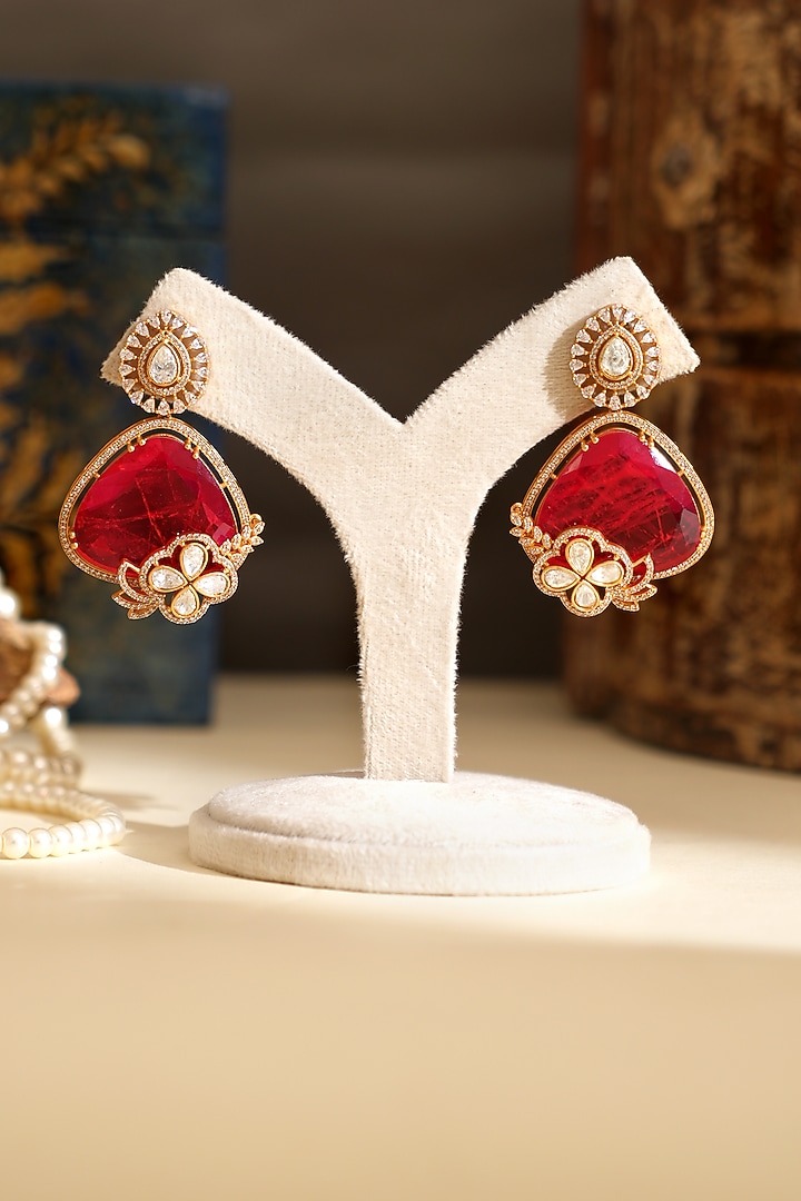 Gold Plated Kundan Polki & Ruby Doublet Stone Dangler Earrings by Beryachi at Pernia's Pop Up Shop