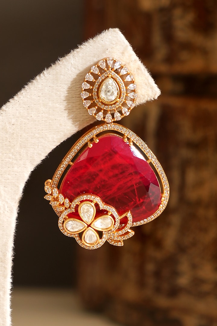 Gold Plated Kundan Polki & Ruby Doublet Stone Dangler Earrings by Beryachi at Pernia's Pop Up Shop