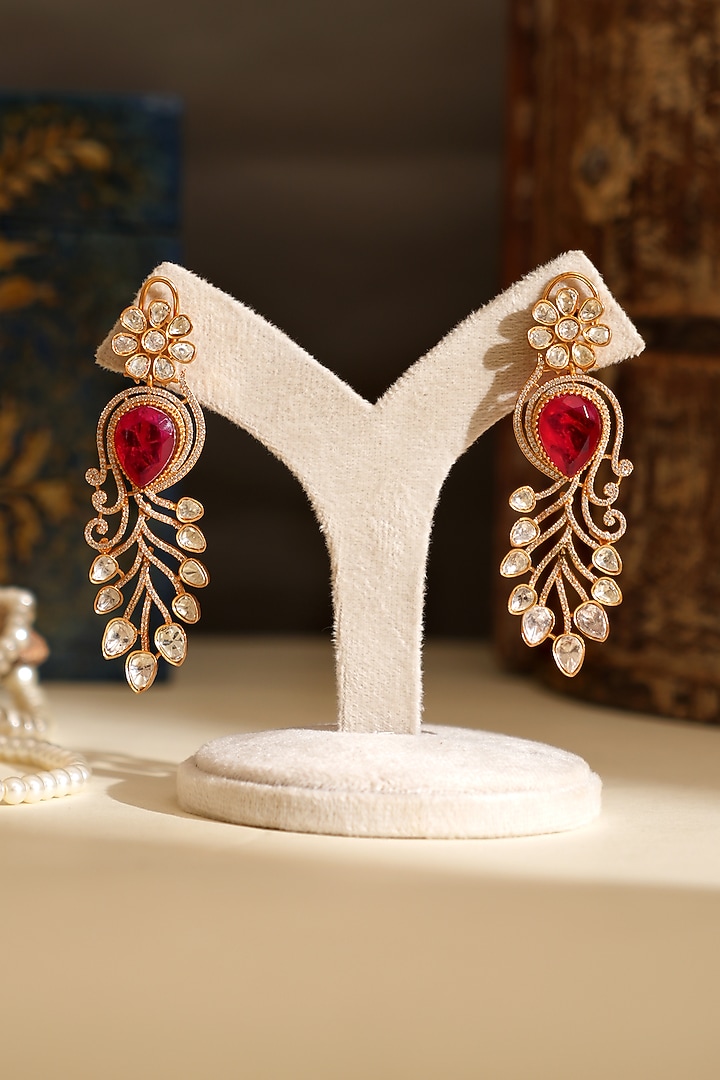 Gold Plated Kundan Polki & Ruby Stone Dangler Earrings by Beryachi at Pernia's Pop Up Shop