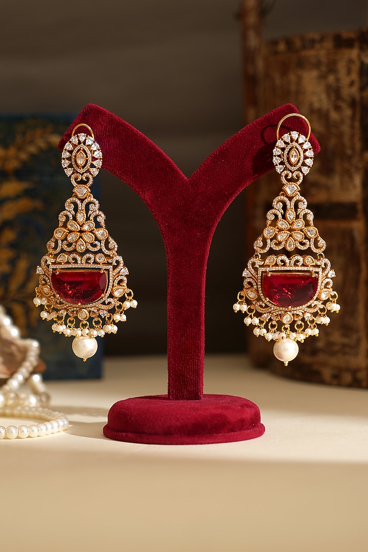 Gold Plated Kundan Polki & Ruby Doublet Stone Dangler Earrings by Beryachi at Pernia's Pop Up Shop