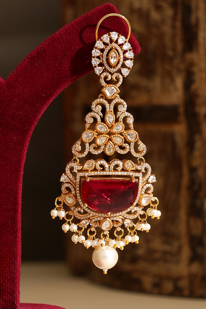 Gold Plated Kundan Polki & Ruby Doublet Stone Dangler Earrings by Beryachi at Pernia's Pop Up Shop