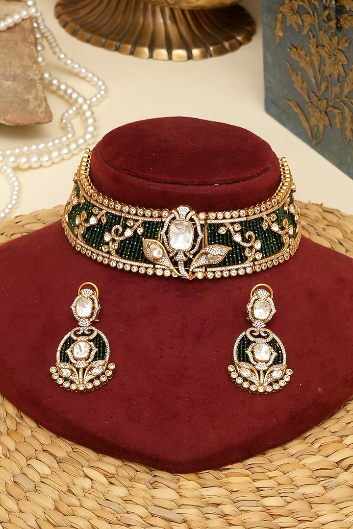 Gold Plated Kundan Polki & Pearls Necklace Set by Beryachi at Pernia's Pop Up Shop