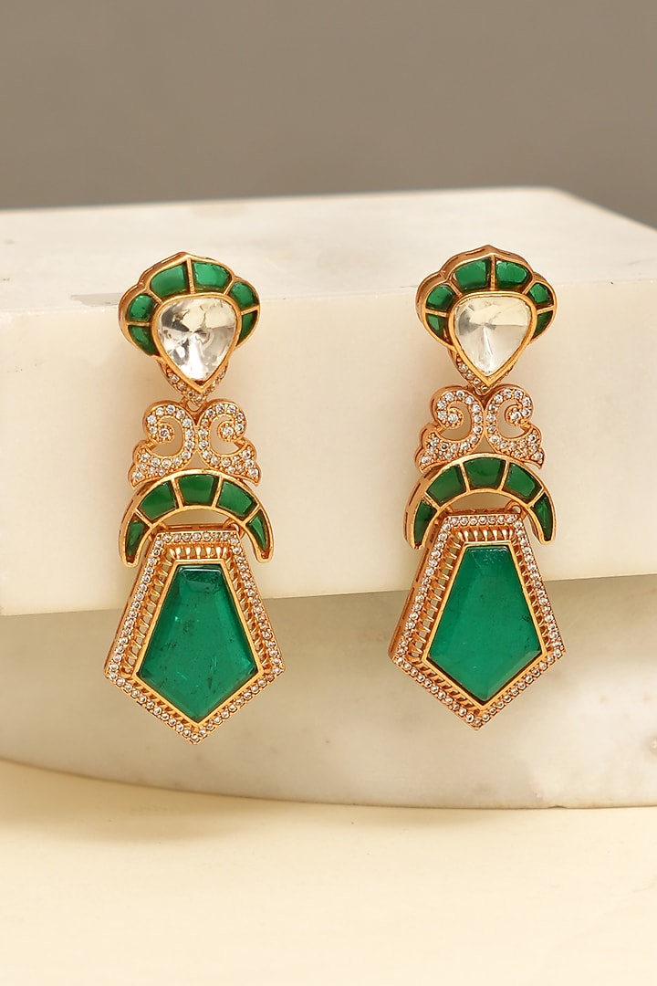 Gold Plated Kundan Polki & Mint Stone Dangler Earrings by Beryachi at Pernia's Pop Up Shop
