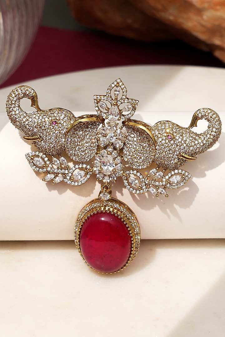 Gold Finish Diamond & Red Stone Gajraj Elephant Brooch by Beryachi at Pernia's Pop Up Shop