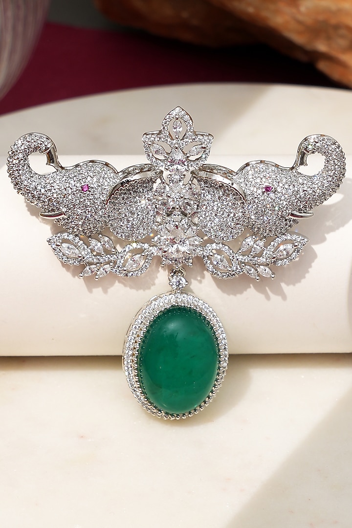 White Finish Diamond & Green Stone Gajraj Elephant Brooch by Beryachi at Pernia's Pop Up Shop