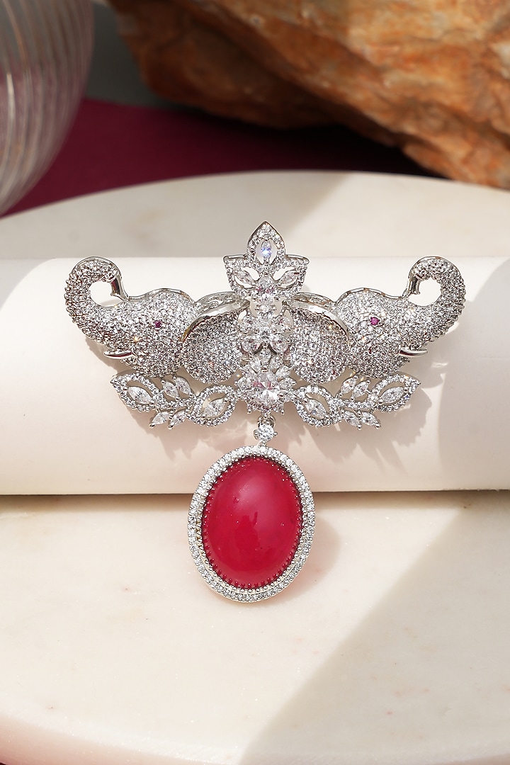 White Finish Diamond & Red Stone Gajraj Elephant Brooch by Beryachi at Pernia's Pop Up Shop