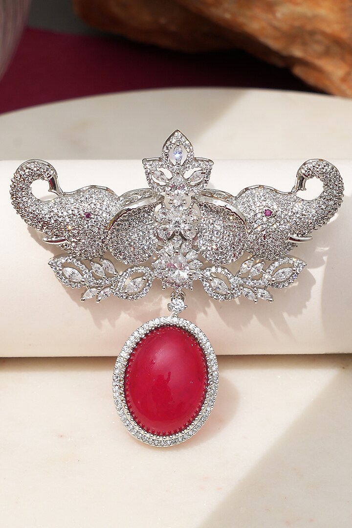 White Finish Diamond & Red Stone Gajraj Elephant Brooch by Beryachi at Pernia's Pop Up Shop