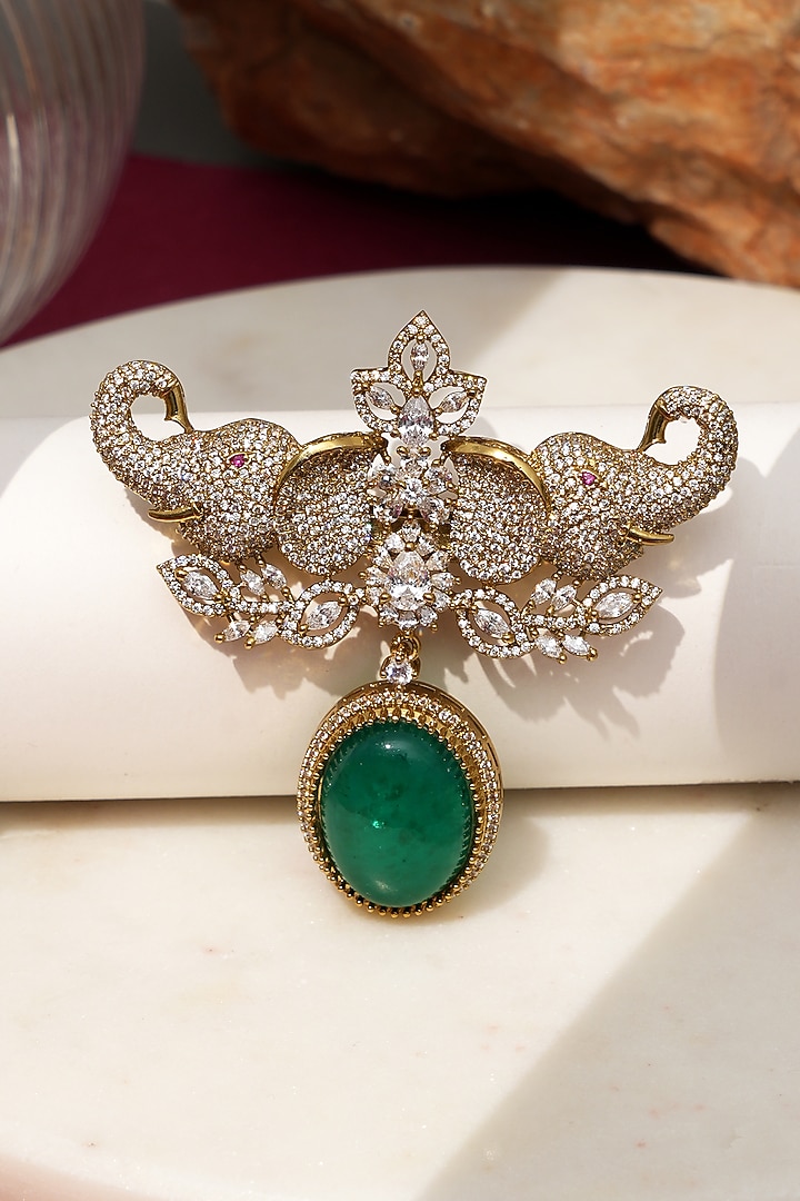 Gold Finish Diamond & Green Stone Gajraj Elephant Brooch by Beryachi at Pernia's Pop Up Shop