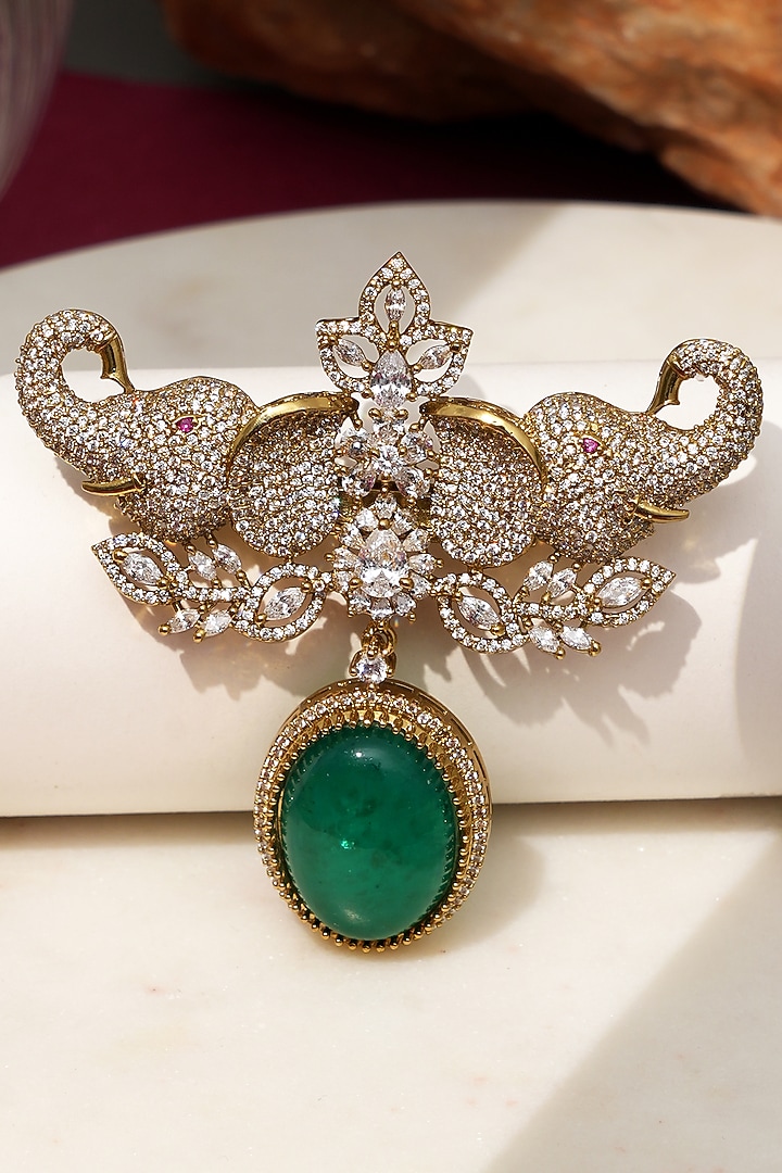 Gold Finish Diamond & Green Stone Gajraj Elephant Brooch by Beryachi at Pernia's Pop Up Shop