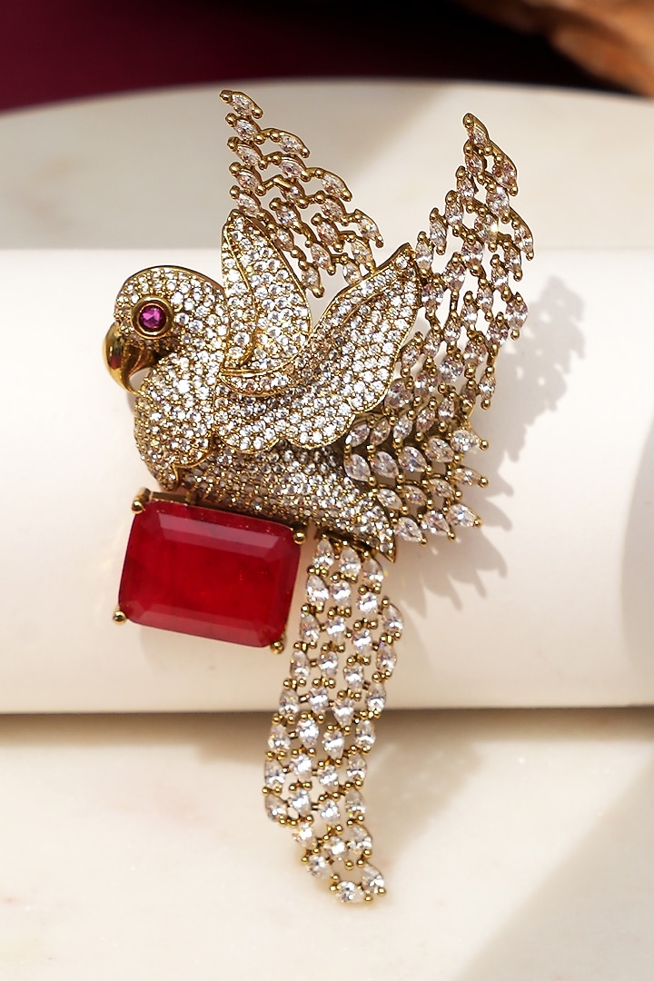 Gold Finish Diamond & Red Stone Sky Songbird Brooch by Beryachi at Pernia's Pop Up Shop