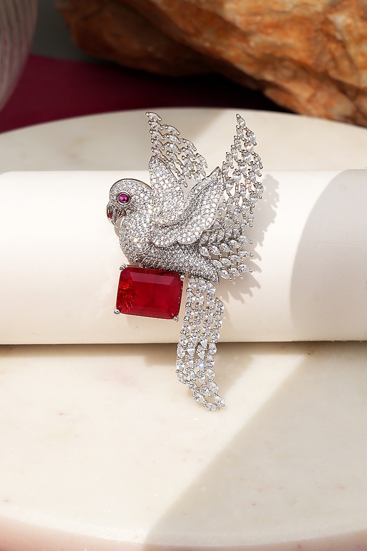 White Finish Diamond & Red Stone Sky Songbird Brooch by Beryachi at Pernia's Pop Up Shop