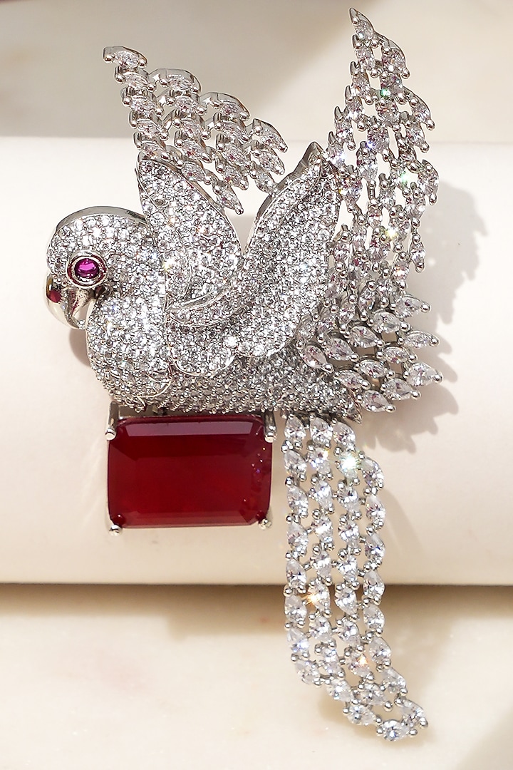 White Finish Diamond & Red Stone Sky Songbird Brooch by Beryachi at Pernia's Pop Up Shop