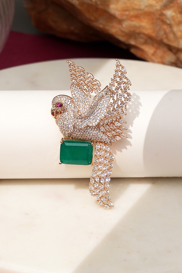 Rose Gold Finish Diamond & Green Stone Sky Songbird Brooch by Beryachi at Pernia's Pop Up Shop