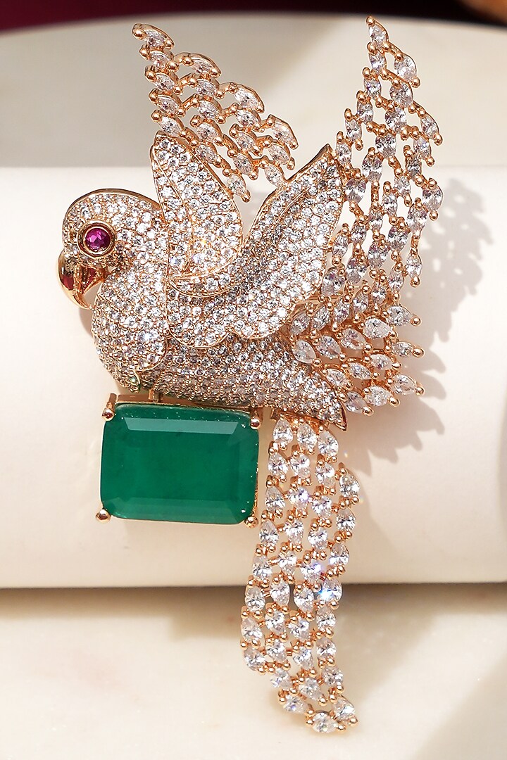 Rose Gold Finish Diamond & Green Stone Sky Songbird Brooch by Beryachi at Pernia's Pop Up Shop
