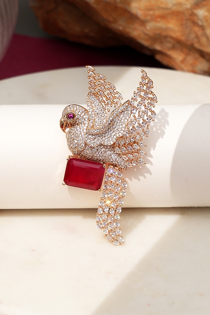 Rose Gold Finish Diamond & Red Stone Sky Songbird Brooch by Beryachi at Pernia's Pop Up Shop