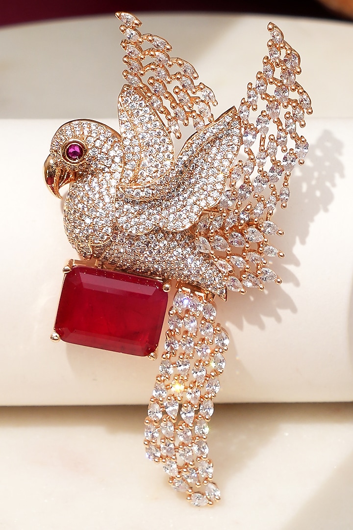 Rose Gold Finish Diamond & Red Stone Sky Songbird Brooch by Beryachi at Pernia's Pop Up Shop