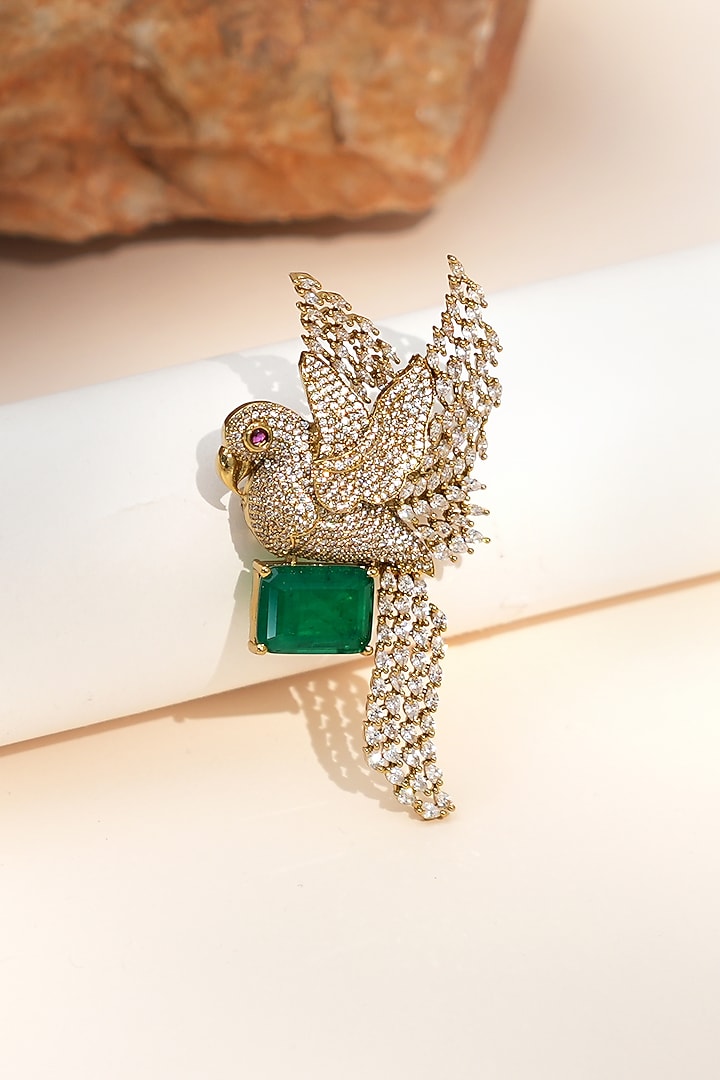 Gold Finish Diamond & Green Stone Sky Songbird Brooch by Beryachi at Pernia's Pop Up Shop