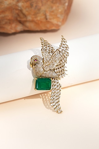 Gold Finish Diamond & Green Stone Sky Songbird Brooch by Beryachi